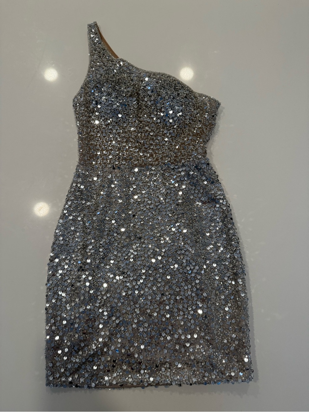 NWT Gianni Bini Juniors One-Shoulder Silver Sequin Beaded Mini Dress - Picture 6 of 11